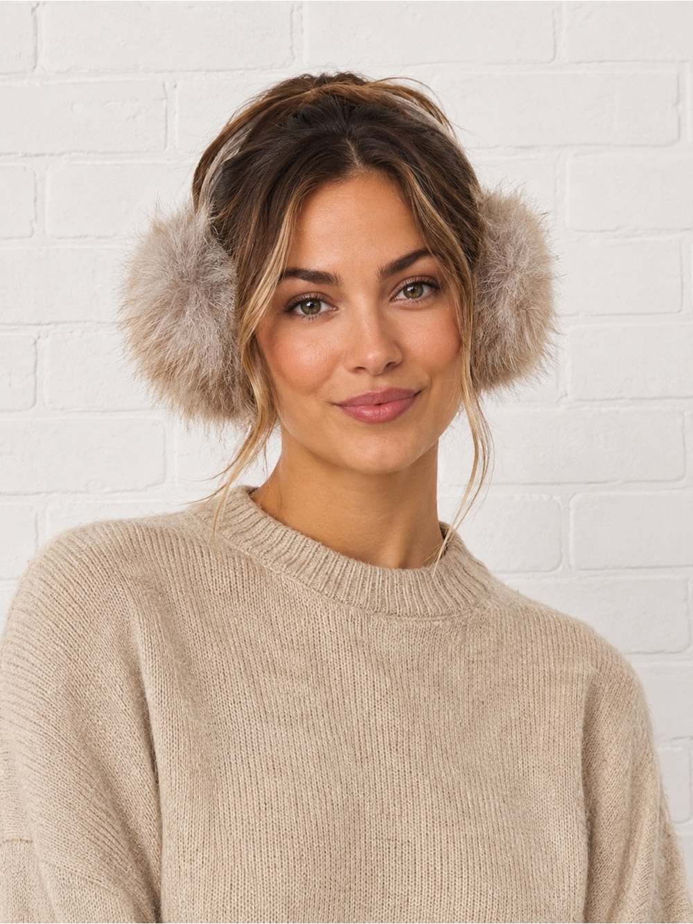 Surell Faux Fur Earmuffs Beige Gold Sequin Knit NWT Winter Ear Warmers